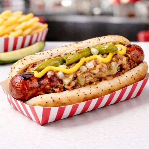 Char Grilled Maxwell Street Polish Sausage , Portillo's Dog , portillo's food, portillo's menu with prices , portillo's menu , portillo's catering , portillo's breakfast menu